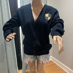 Navy Cardigan Sweater with Crest
